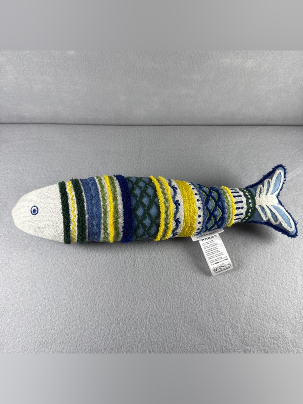 Anthropologie Sea Icon sardine shaped pillow - blue crochet beach house decor